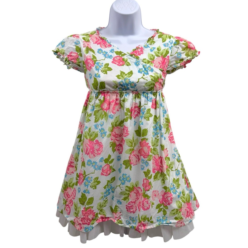 Garnet Hill Girls Size 8 Floral Colorful Short Sleeve Lined Sundress 100% Cotton